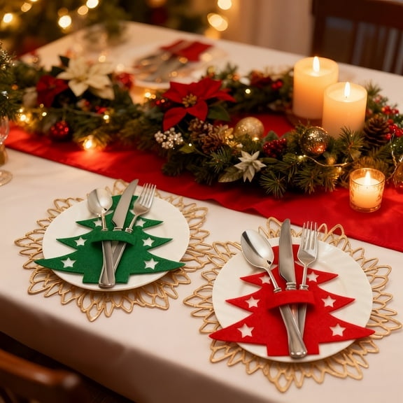 24 PCS Christmas Cutlery Holder Bag Set in Christmas Tree Cutlery Felt Fork Spoon Bag Set for Festive Table Decor