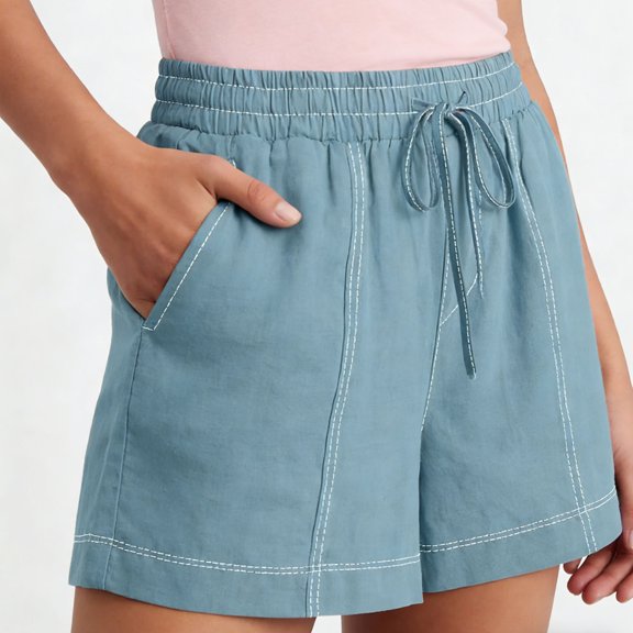 Aimik Light Blue Shorts for Women Drawstring Elastic Waist Cotton Linen Casual Shorts with Pockets Summer Relaxed Short Pants