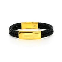 Beaux Bijoux Stainless Steel Black & Gold Men's Double Leather Strand Bracelet - Cross Design Bracelet - Fine Jewelry for Him