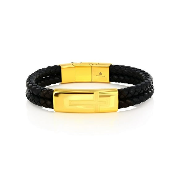 Beaux Bijoux Stainless Steel Black & Gold Men's Double Leather Strand Bracelet - Cross Design Bracelet - Fine Jewelry for Him