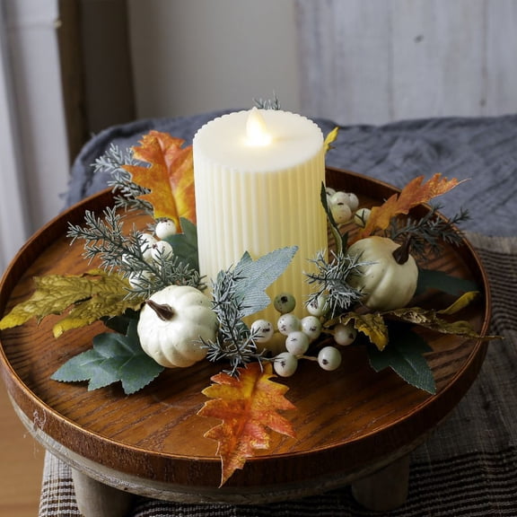 Fall Wreath Reap Candle Ring for Thanksgiving Counter Centerpiece with Maple Leaves Pumpkins and Berries for Halloween Front Door Appearance