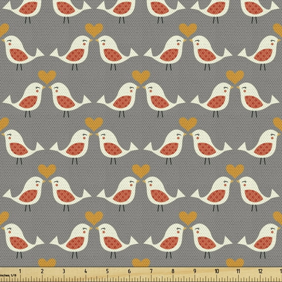 Valentine's Day Fabric by the Yard, Love Birds and Hearts Kissing Romantic Animals Motif Repetition, Decorative Upholstery Fabric for Sofas and Home Accents, Apricot Red and Grey by Ambesonne