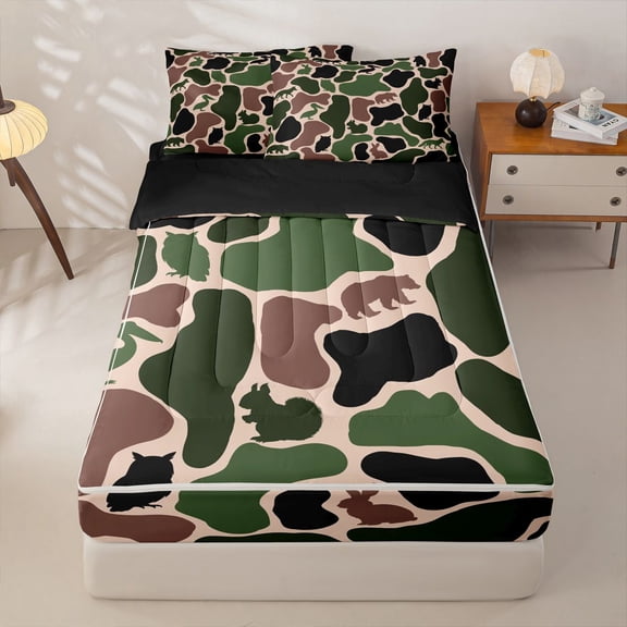 Manfei Woodland Wolves Zipper Twin Comforter Sets with Fitted Sheet and 2 Pillowcases,Cartoon Bear Zipper Bedding Set,Red Green,Black Reversible,4pcs