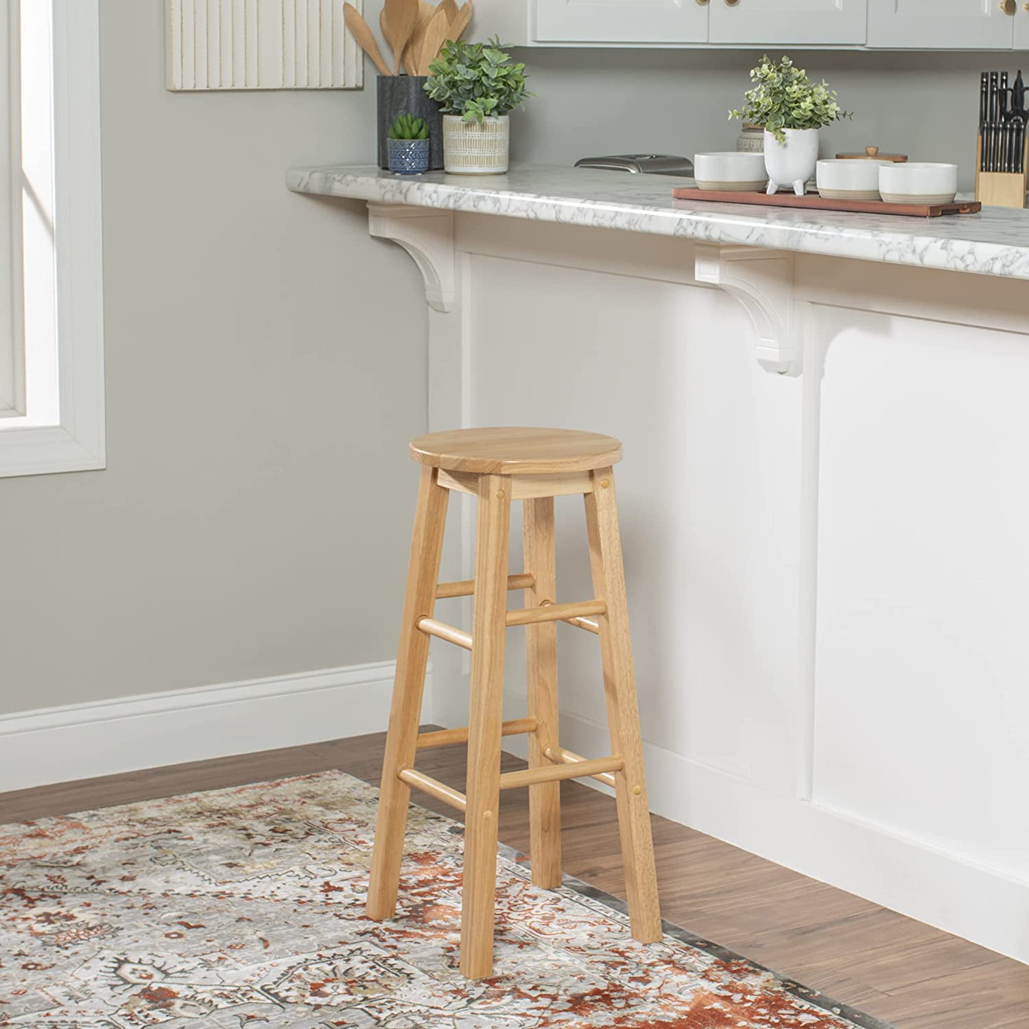 PJ Wood Classic Round-Seat 29 Inch Kitchen Bar Stools, Natural, Set of 2