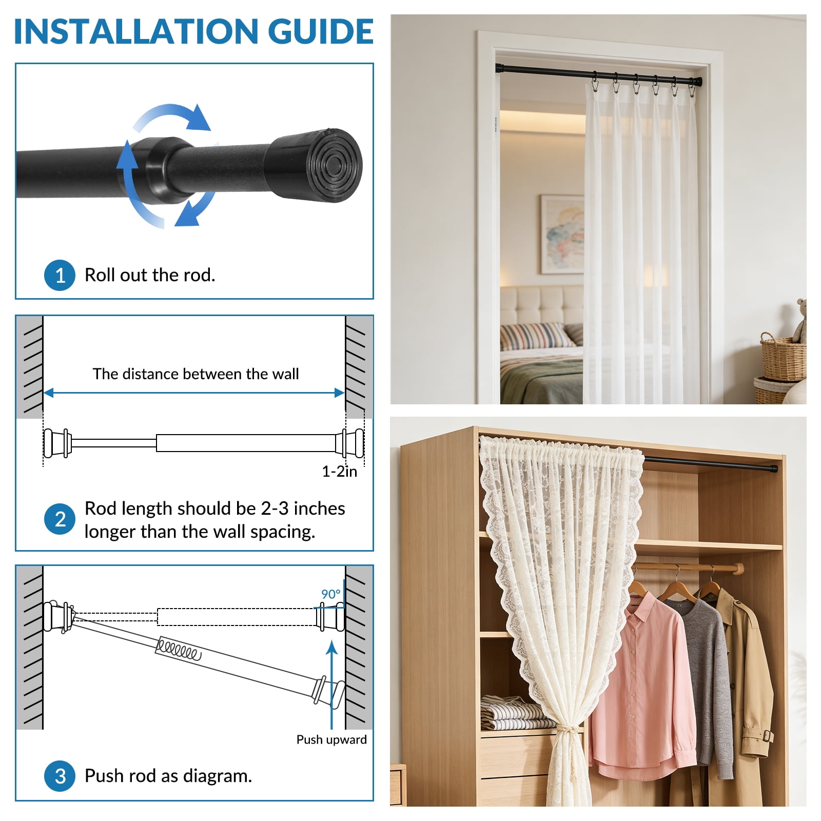 BEAMNOVA 32"-55" Adjustable Tension Curtain Rod, 5/8" Diameter, Spring Tension Rods for Windows Cabinet Wardrobe Closet Shower Curtains, Black (8 Pack)