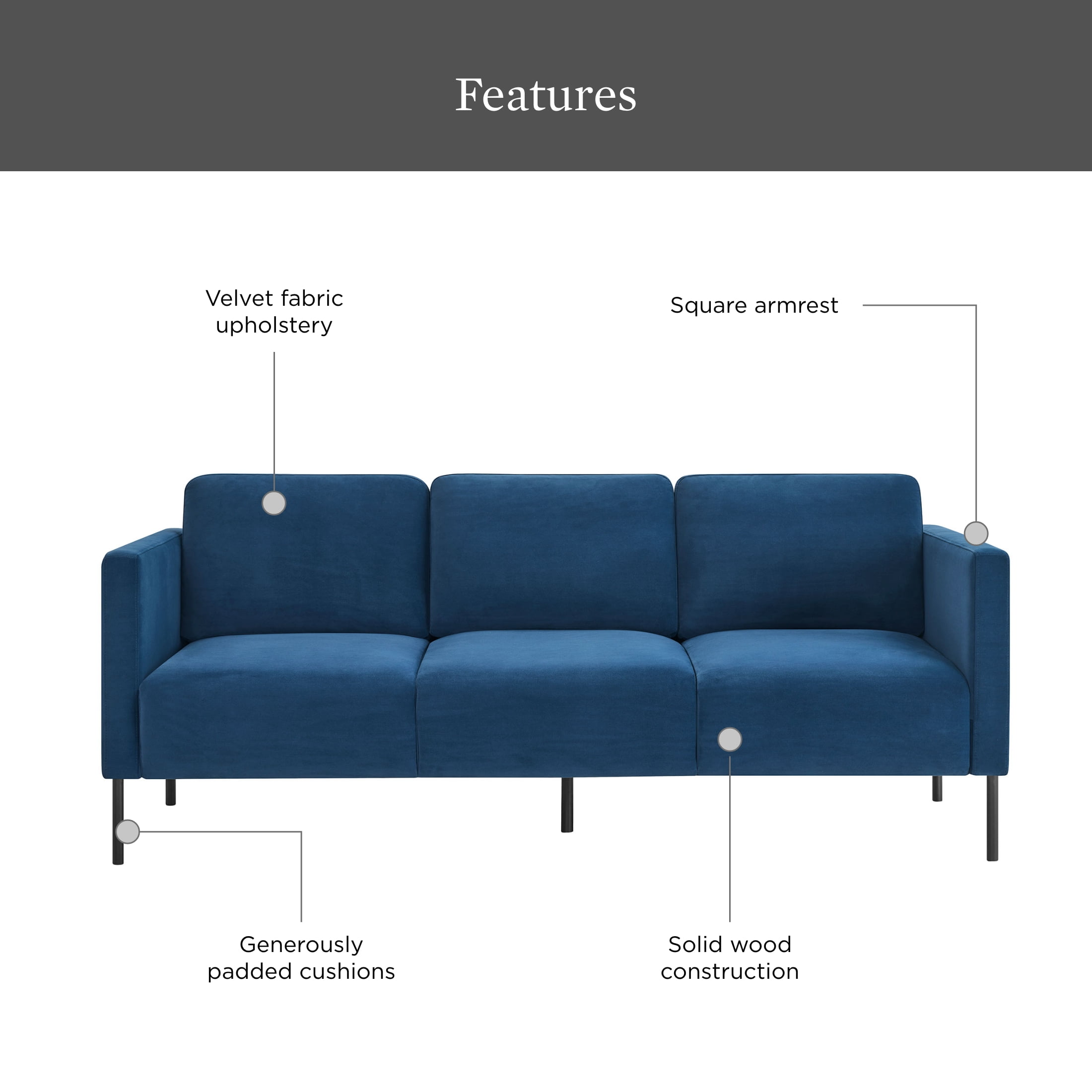 Better Homes & Gardens Wyatt Velvet Sofa, Blue Cove