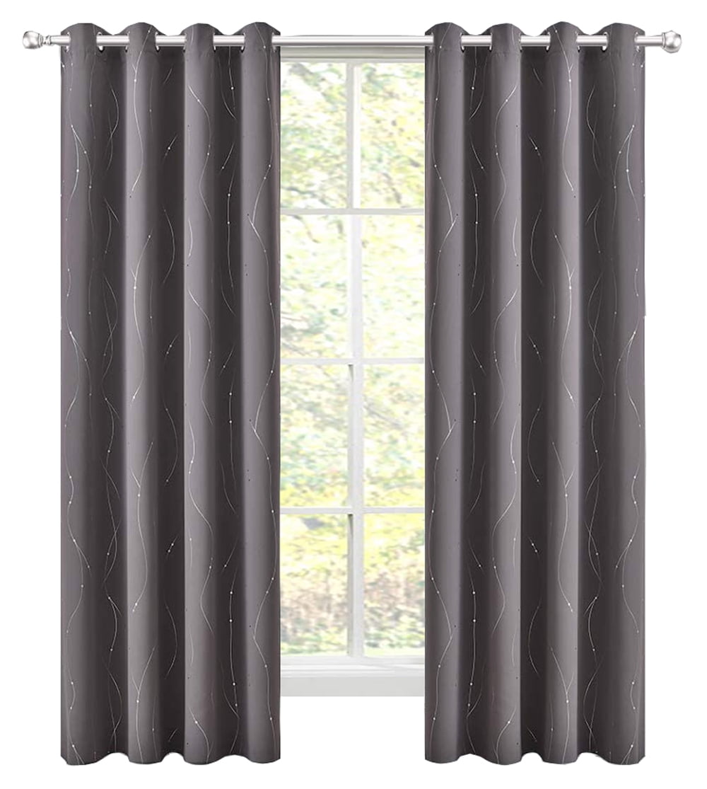 Tektrum Thermal Insulated Blackout Room Darkening Curtains with Grommet Top, Silver Foil Print Wave Lines with Dots Drapes for Living Room Bedroom Light Blocking, 52W x 63L Inches, 2 Panels, Gray