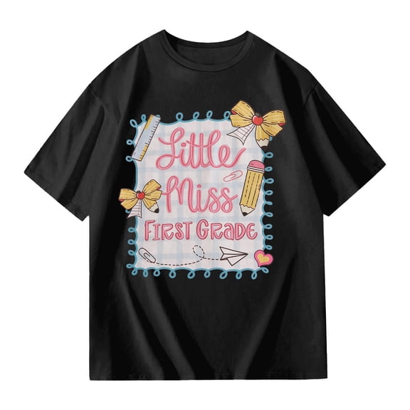 Glisme Toddler Girls Back To School Tees Letter Print Short Sleeve Crew Neck Fall Breathable Girls T-Shirt Size 3-4 Years Black
