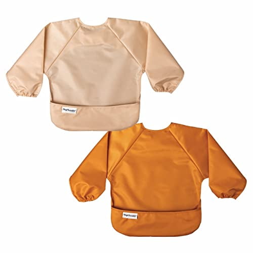 Mess Proof Baby Bib, 2 Pack Full Sleeve Bib Outfit, Waterproof Bibs for Toddlers, Machine Washable, Tug Proof, Baby Smock for Eating, Long Sleeve Sand Cinnamon, Small 6-24 Months
