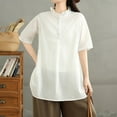 thumbnail image 6 of TKLPEHG Summer Tops for Women Crew Neck Cotton Linen Button Shirts Western Outfit for Women Leisure Solid Color Short Sleeve Blouses Fashion Lightweight Regular Blouses (White,M), 6 of 9