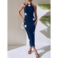 thumbnail image 4 of Navy Blue Floral Embellished Halter Neck Fitted Sleeveless Midi Dress With Tassel Hem, 4 of 5