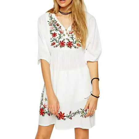 Women Mexican Ethnic Embroidered Pessant Hippie Blouse Gypsy Boho Mini Dress