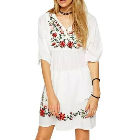 1970s Hippie Dress - Women Mexican Ethnic Embroidered Pessant Hippie Blouse Gypsy Boho Mini Dress L