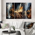 thumbnail image 1 of Designart "Train Misty Morning Painting II" Modern Wall Art Set Of 3 - Yellow Train Gallery Wall Set For Home Decor, 1 of 6