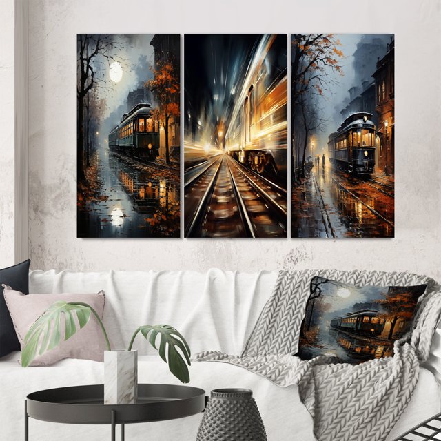 Designart "Train Misty Morning Painting II" Modern Wall Art Set Of 3 - Yellow Train Gallery Wall Set For Home Decor