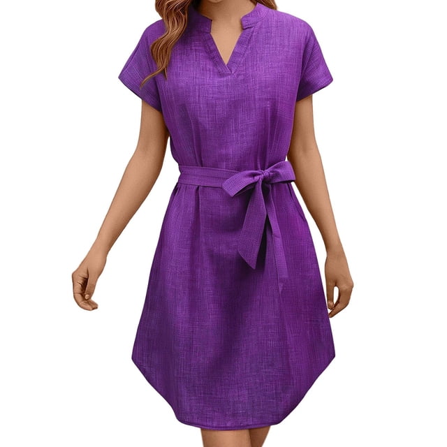 Robe Décontractée Unie à Manches Courtes Col en V pour Femmes - Coupe Ample pour Usage Quotidien
