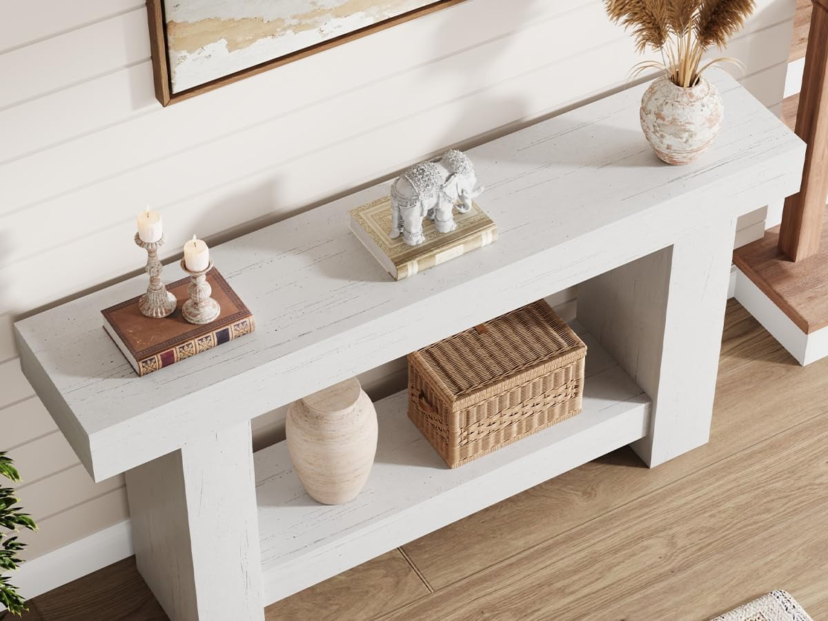 63 Inch Console Table, 2-Tier Farmhouse Sofa Table with Storage, Large Entryway Table for Living Room, Hallway, or Foyer
