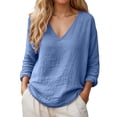 thumbnail image 2 of YMNXA Womens T Shirt Long Sleeve V Neck Solid Color Elegant Fashion Comfortable Basic Top Shirt For Daily Wear,Blue,L, 2 of 6