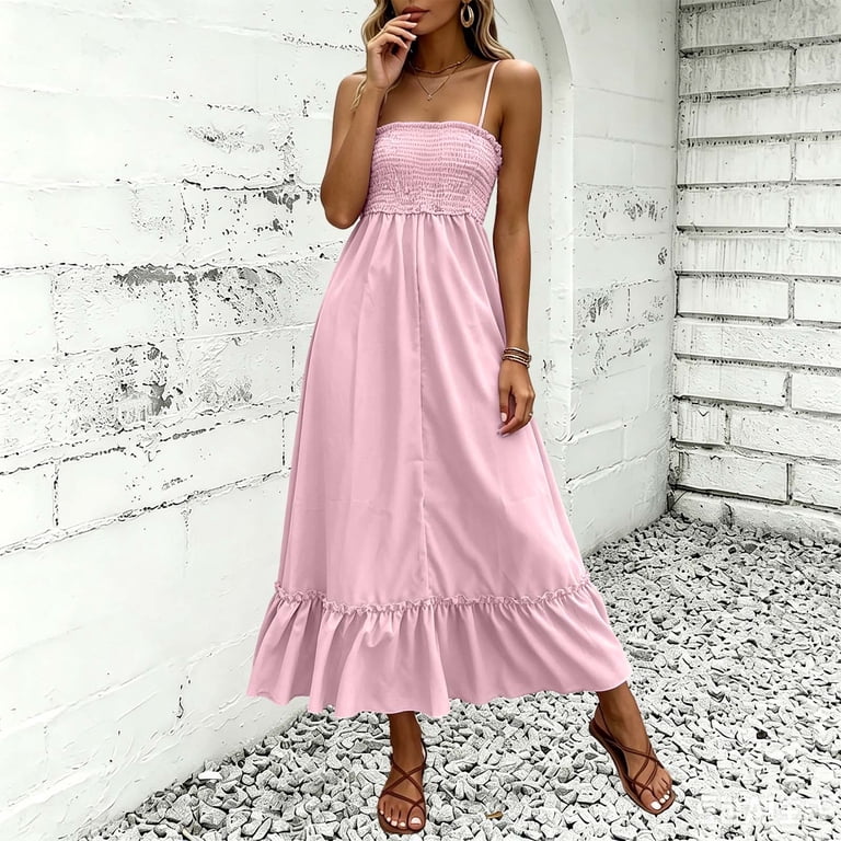 pink stretchy maxi dress Unir Women’s Smocked Bodice Spaghetti Strap Maxi Dress, Solid Pink Ruffle  Hem Casual Summer Everyday Dress, 1 Piece, Sizes S Through XXL