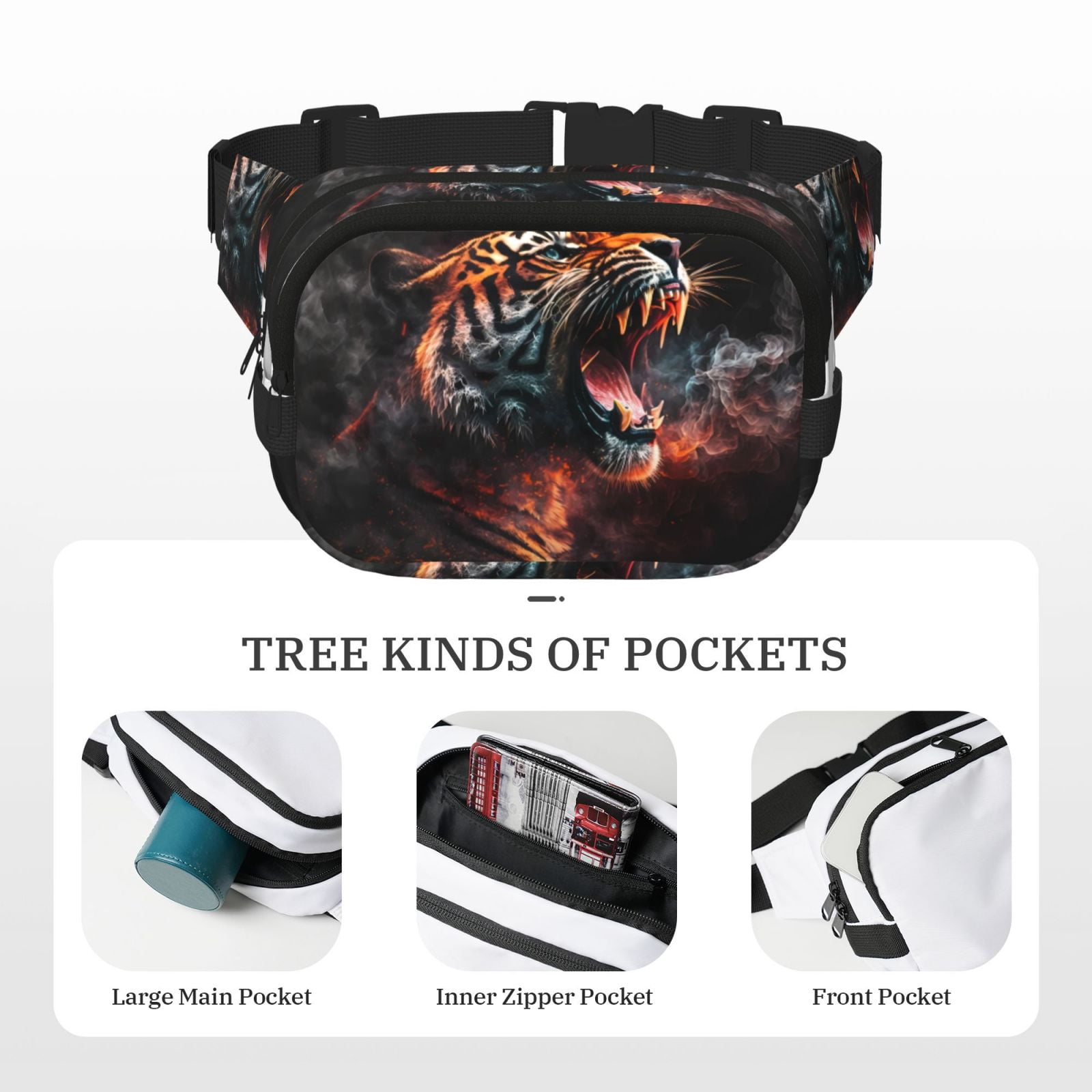 Hirioo Cool Tiger for Double Layer Waist Bag Adjustable Fanny Pack For Travel Running Hiking