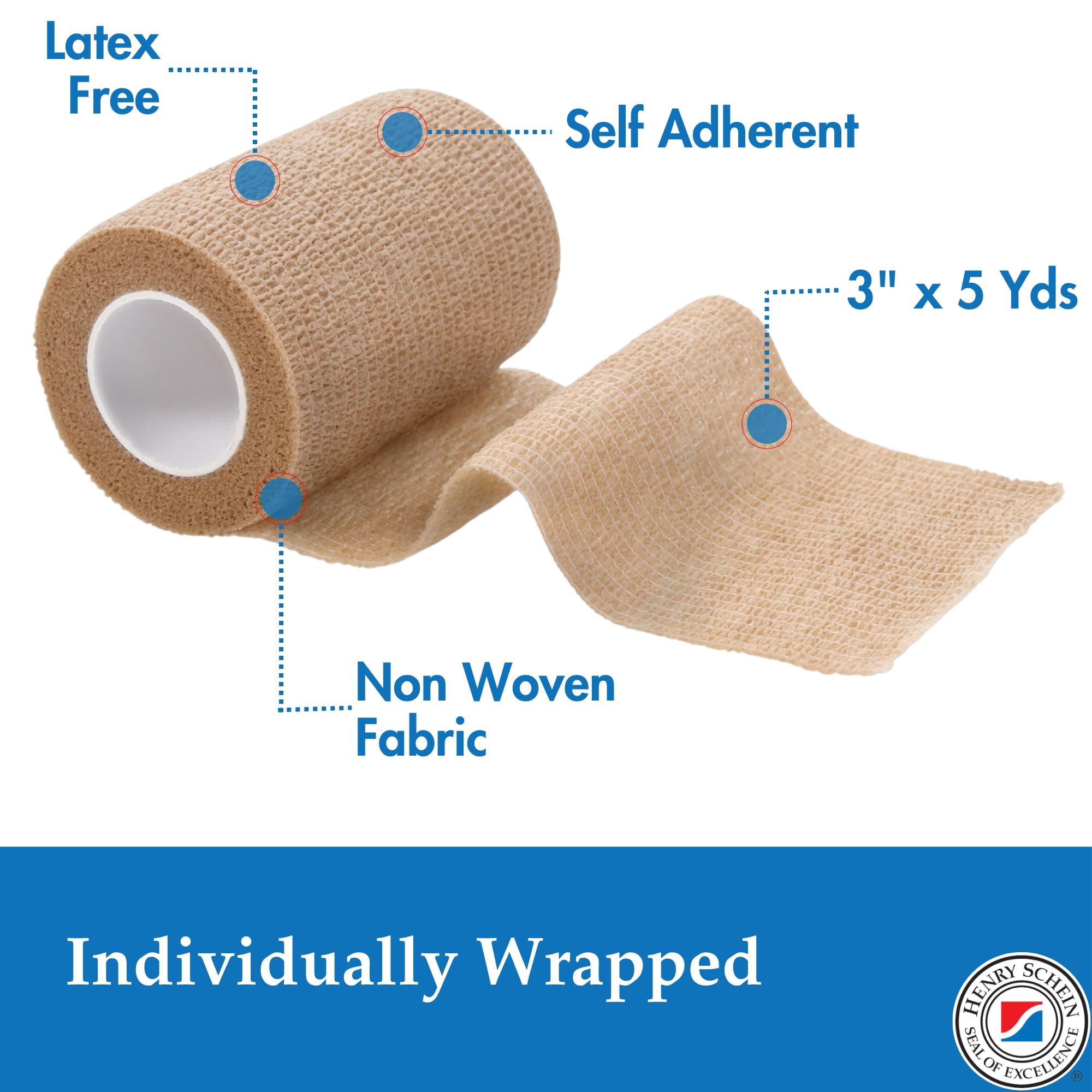 Henry Schein Premium Self-Adherent Elastic Bandage Wrap – 3" x 5 Yards, Tan – Box of 24 Rolls – Flexible, Latex-Free, Non-Sterile Medical Wrap for Compression & Wound Support
