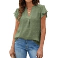 thumbnail image 1 of Blusa de mujer con cuello en V y manga con volantes, camiseta femenina holgada y transpirable de poliéster con puntos para primavera, verano y otoño, verde claro XL, 1 of 6