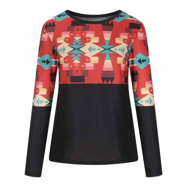 Moda mujer casual impreso cuello redondo manga larga otoño blusa pullver tops Pompotops FGAJ8475