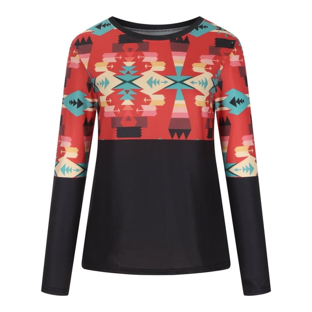 Moda mujer casual impreso cuello redondo manga larga otoño blusa pullver tops Pompotops FGAJ8478