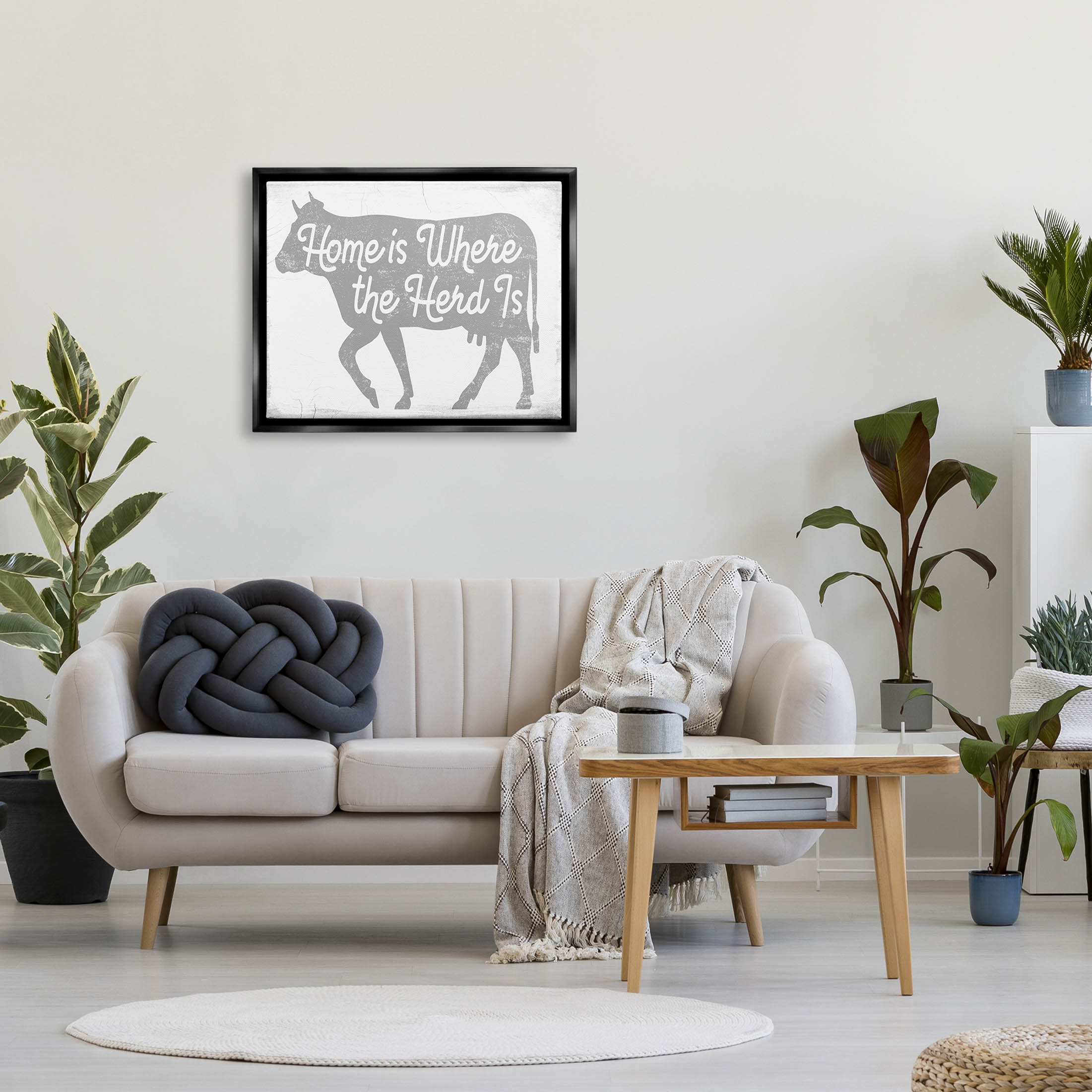 Stupell Industries Home Is Where Herd Is Phrase Graphic Art Jet Black Floating Framed Canvas Print Wall Art, Design by Lil' Rue