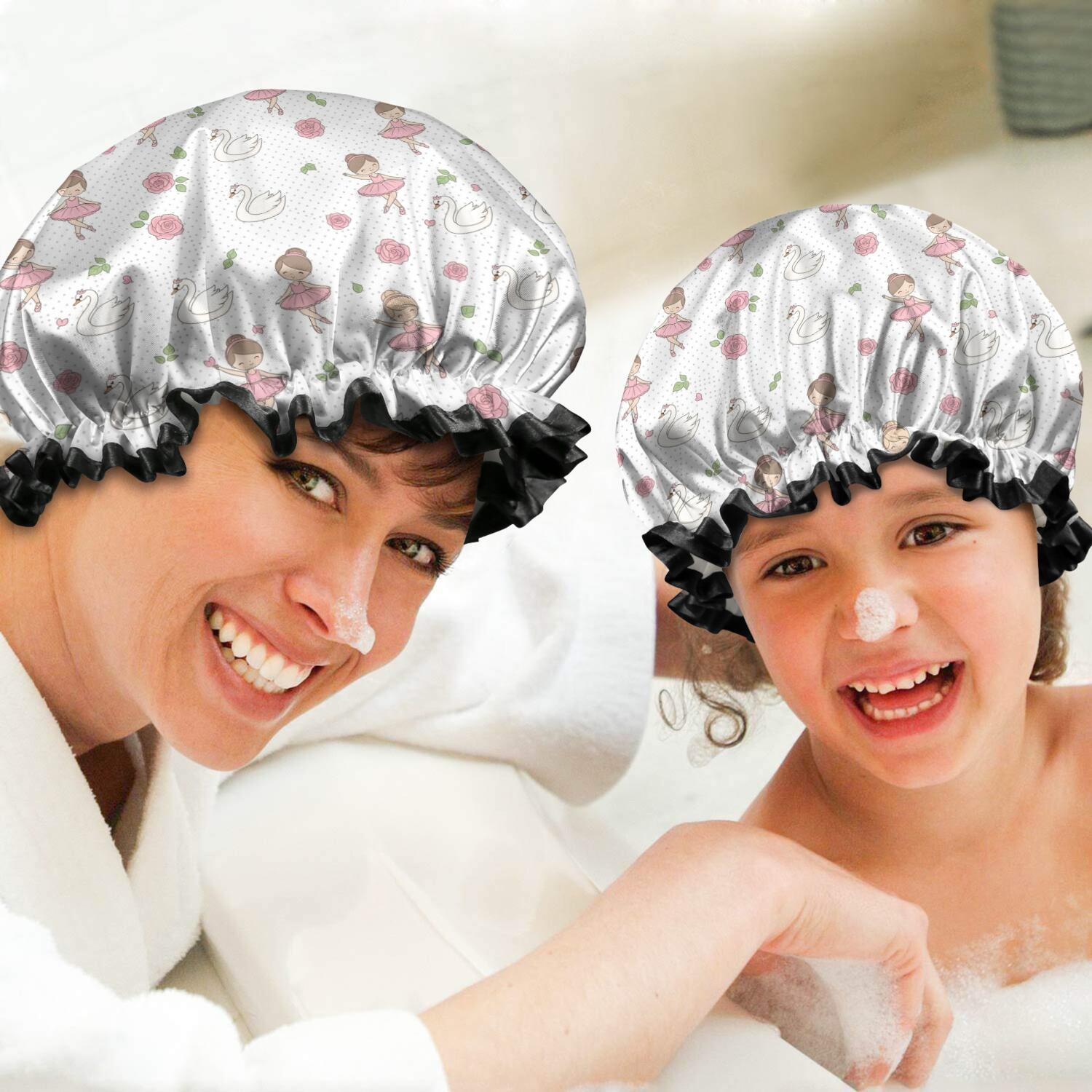 Shower Caps,White Ballerina Swan Pattern Waterproof Shower Cap for Women 4 Pieces,Double Reusable Hair Cover for Shower PEVA Elastic Stretch Hem