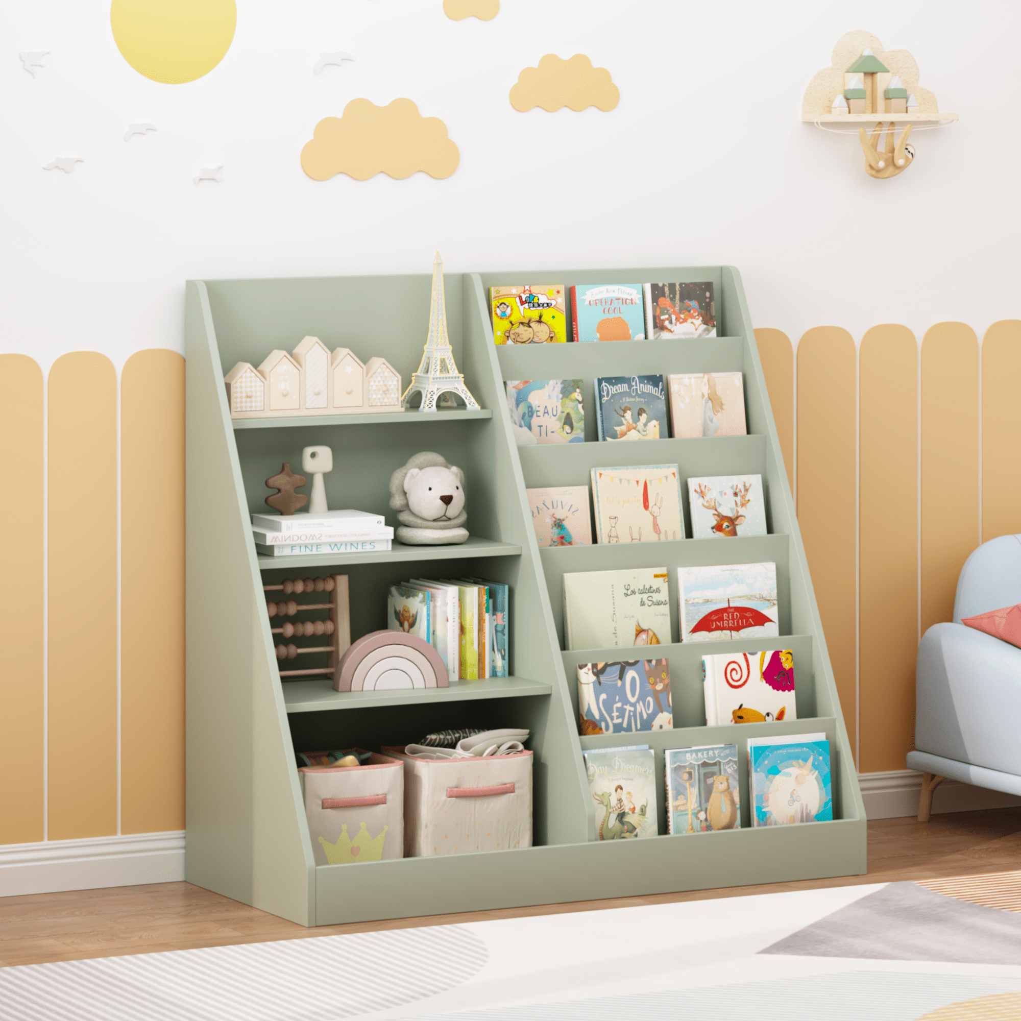 Kids Bookshelf and Toy Storage Organizer, Multifunctional 4 Tier Wooden Kids Book Shelf with Bookcase Display Stand in Kids Room Playroom Nursery for Kids, Children, Toddlers (Sage)