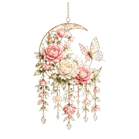 Filigree Acrylic Crystal Suncatcher Wind Chime Hanging Ornament, Pink Lightweight Wall Door Decor For Garden Living Bedroom