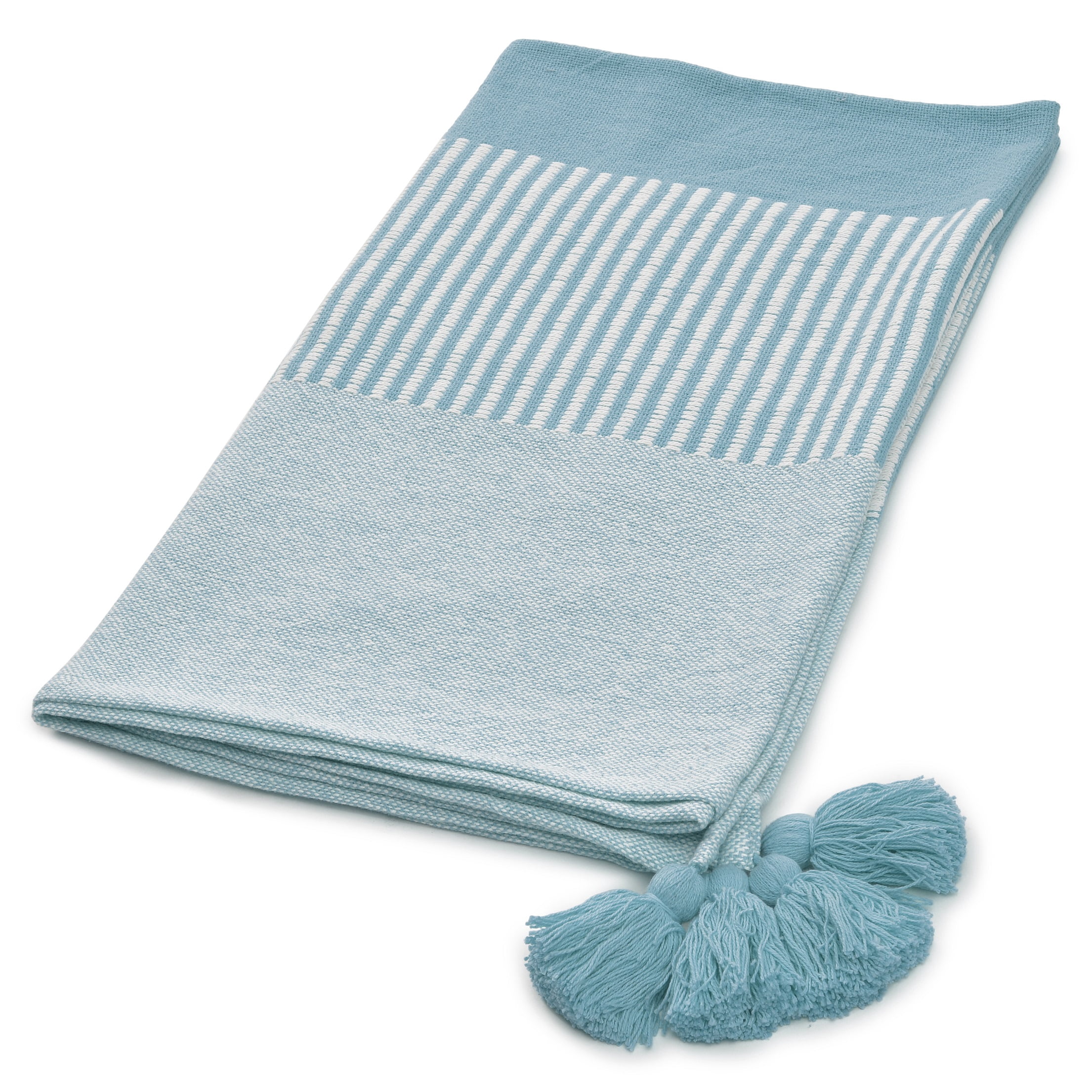 Ox Bay Rory Blue/White Striped Lightweight Cotton with Tassels Throw Blanket, 50" x 60"