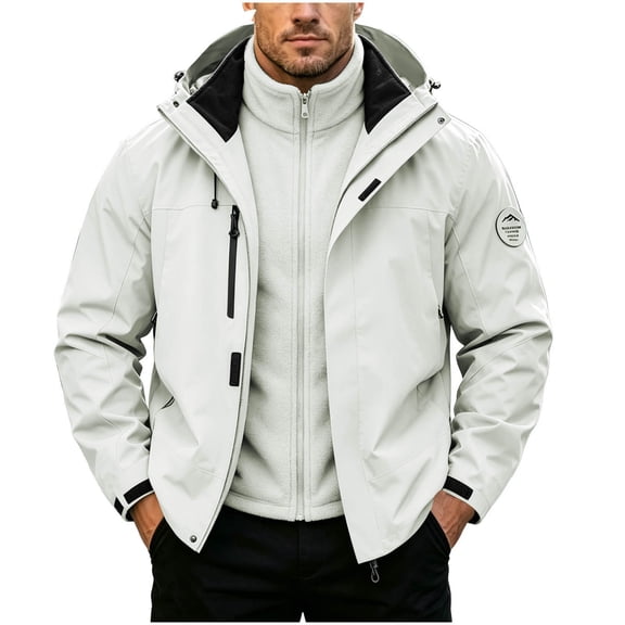Jerdar Men's 3-in-1 Waterproof Windproof Hooded Jacket, Detachable Fleece Liner Outdoor Shell Coat, Polyester Blend Multi Zip Pocket Hiking Outerwear