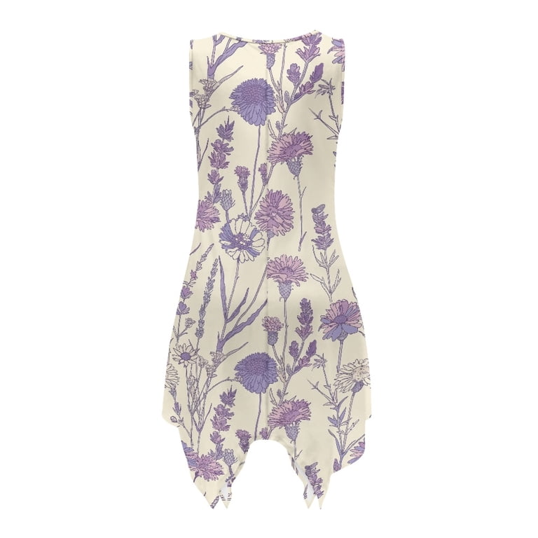 Hellhero Purple Wildflower Sleeveless Sundress for Graduation Travel, Asymmetric Hem Ladies Midi Dress with Side Pockets for Casual Daily Wear