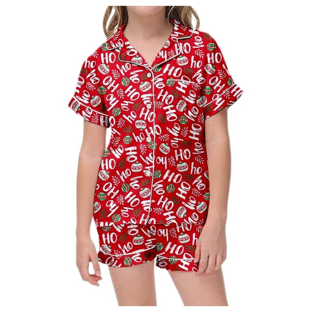 WEAIXIMIUNG Kids' Christmas Classic Print Button Down Collar Short Sleeve Top & Shorts Pajama Set 6-7 Years