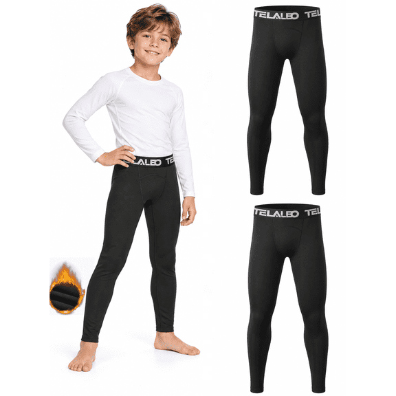TELALEO 2 Pack Boys Fleece Lined Thermal Compression Leggings, Youth Cold Weather Base Layer Athletic Pants,Size L