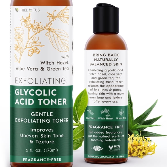 Tónico de ácido glicólico Tree To Tub para rostro con hamamelis y aloe vera hidratante para una piel suave, minimiza la apariencia de líneas finas e ilumina, tónico exfoliante vegano para mujeres y ho