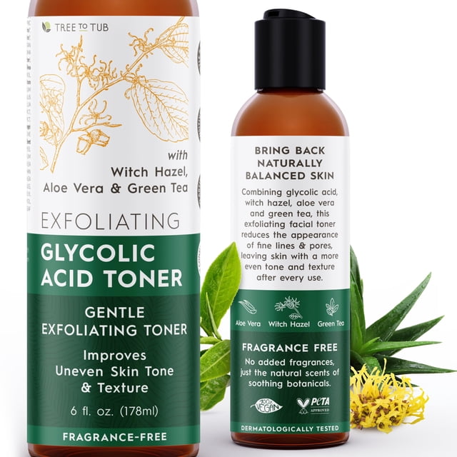 Tónico de ácido glicólico Tree To Tub para rostro con hamamelis y aloe vera hidratante para una piel suave, minimiza la apariencia de líneas finas e ilumina, tónico exfoliante vegano para mujeres y ho