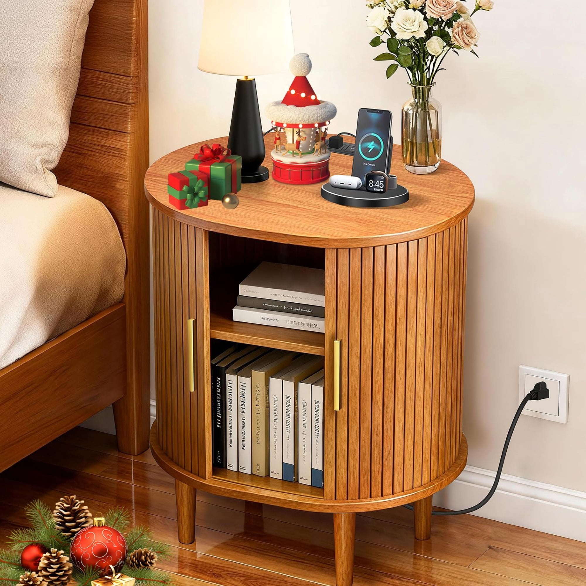 Mid Century Modern Nightstand with Charging Station, Fluted Side Table with Sliding Door & Adjustable Shelf, Yellow