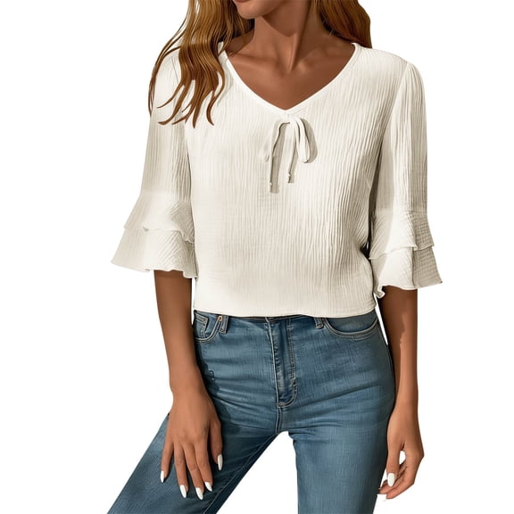 zbxnLI Womens Ruffle 3/4 Sleeve Shirts V Neck Pleated Tops Lightweight Flowy Top Dressy Casual Blouses Summer Outfits