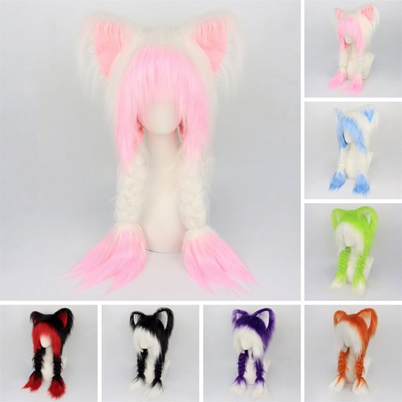 Summer Sales under $10 Green Knit Short Watch Cap GIJNRIUIUA Soft Furry Animal Ear Hat with Braids Cute Plush Hat Winter Warm Earmuffs Head Accessory Hijab Turban