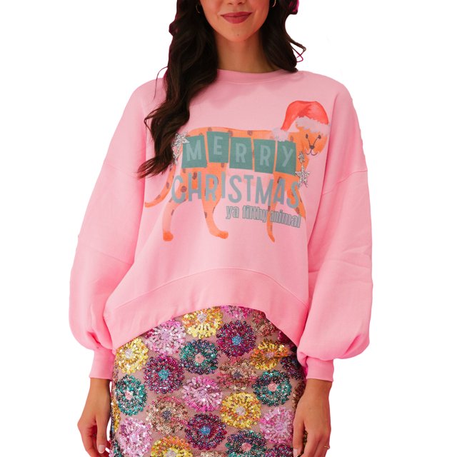 FOCUSNORM Women's Christmas Loose Pullover Sparkly Rhinestone Letter Print Long Sleeve Crew Neck Sweatshirt