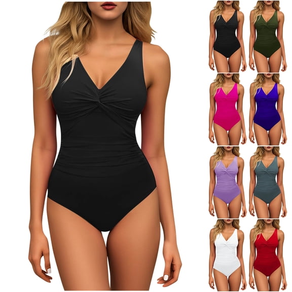 WNYEIME Women Tummy Control One Piece Swimsuit - V Neck Front Ruched Twist Knot Push Up Bikini Set Beach Bathing Suit Full Coverage Slimming Swimwear Red M