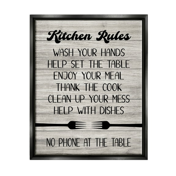 Stupell Industries Rustic Kitchen Rules Food & Beverage Painting Black Floater Framed Canvas Art Print Wall Art, 17 x 21