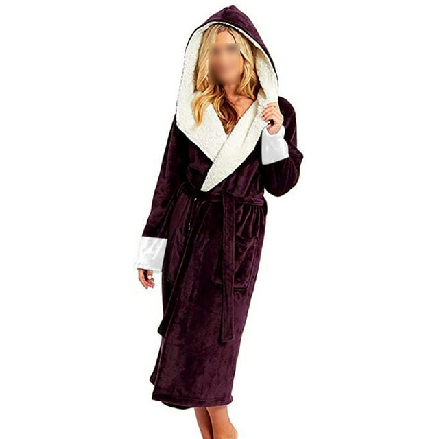 Fashnice Women Sleepwear Long Sleeve Sherpa Robes Solid Color Fuzzy Plush Bathrobe Warm Sleeping Fleece Robe Wine Red L