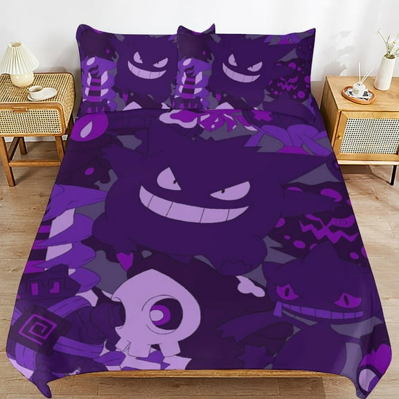 Gengar Bed Duvet Cover Microfiber Bedding Sets 3D Printed Lightweight 3 Piece Comforter Sets, 1 Duvet Cover And 2 Pillow Shams for Kids Boys Girls 86"x70"