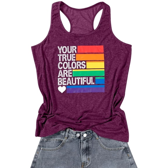 XIAONU Rainbow Letter Print Tank Top for Women Sleeveless Racerback Casual Workout Tees
