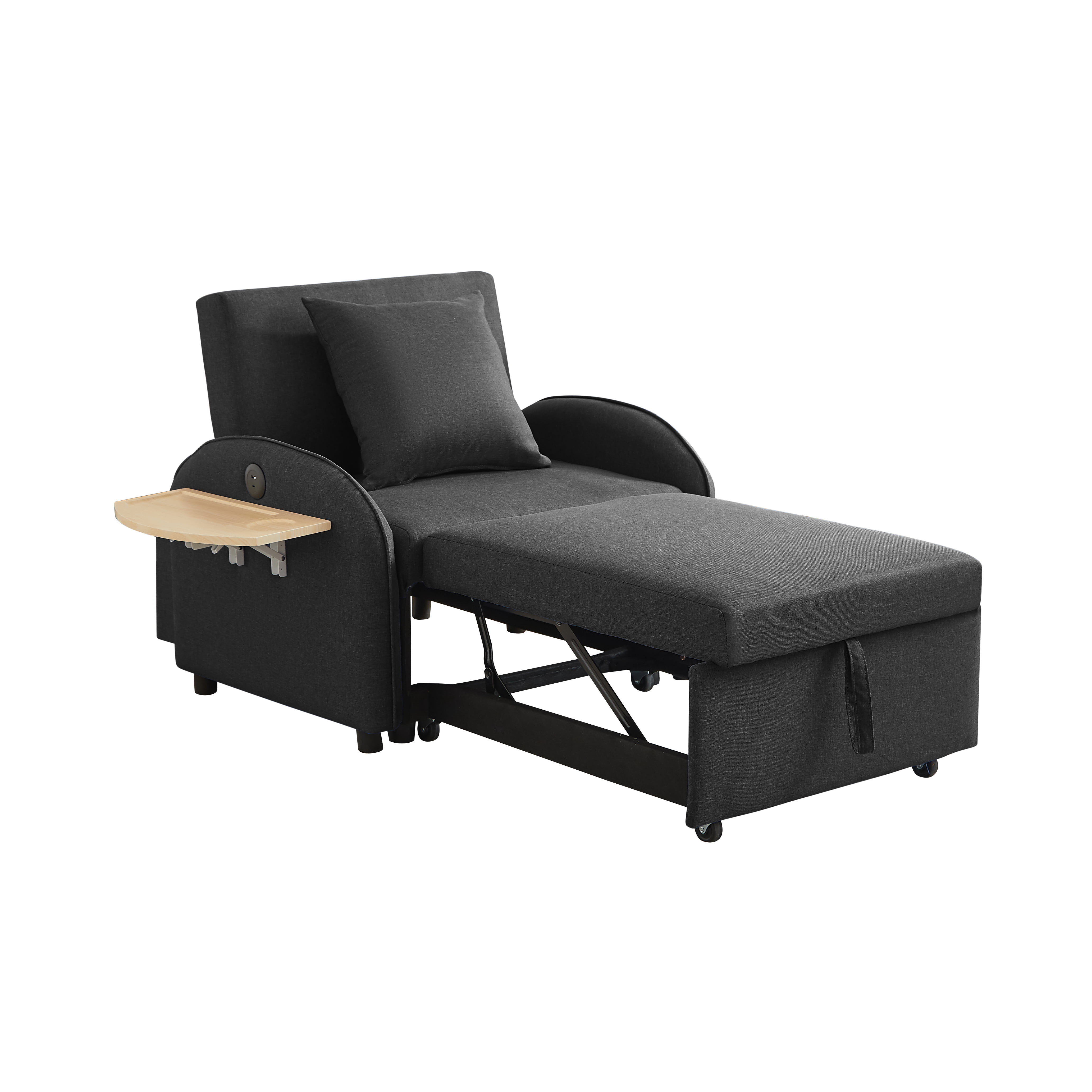 Leumius Convertible Sofa Chair Bed,3-in-1 Sleeper Sofa with Pull-Out Bed and USB Port,Foldable Table,Modern Linen Single Sofa Chair with Reclining Backrest for Living Room Small Space,Black