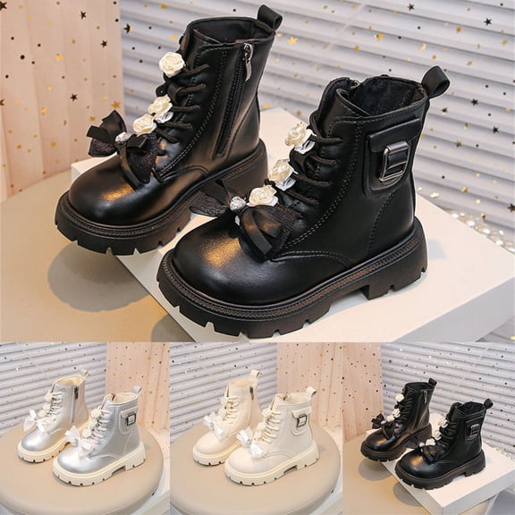 BXJX Girls Ankle Boots with Zipper, Slip-Resistant Bow Soft Sole Fall Winter Lace Up Boots Black Size 13 Little Kids